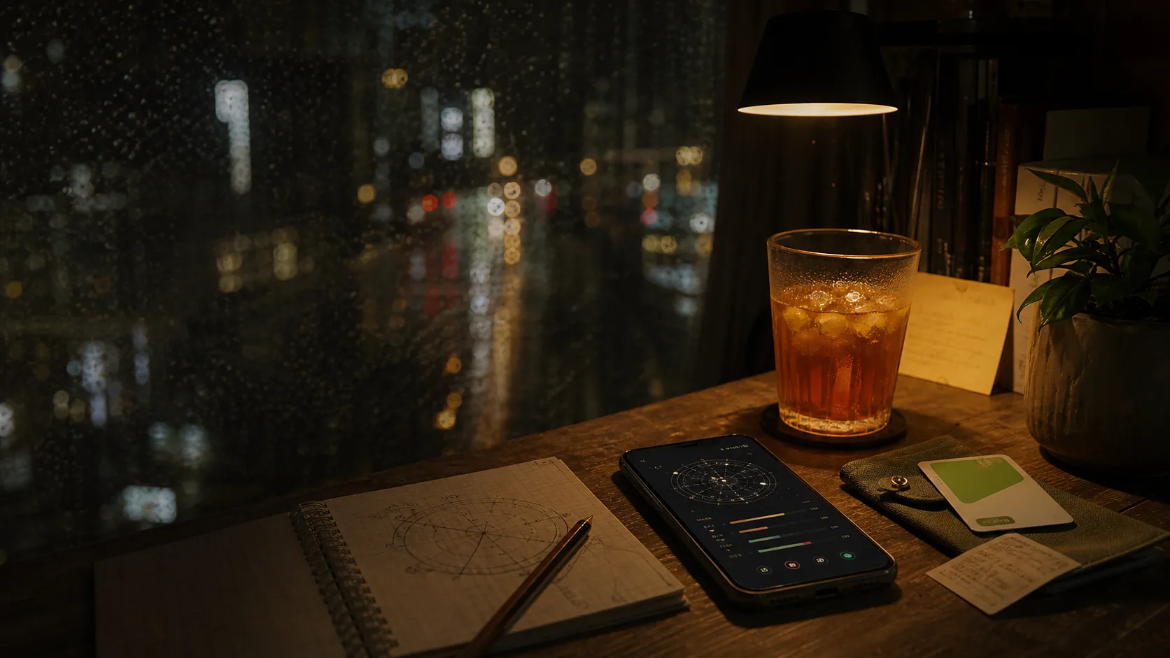 夜色書桌上的八字盤與手機報告