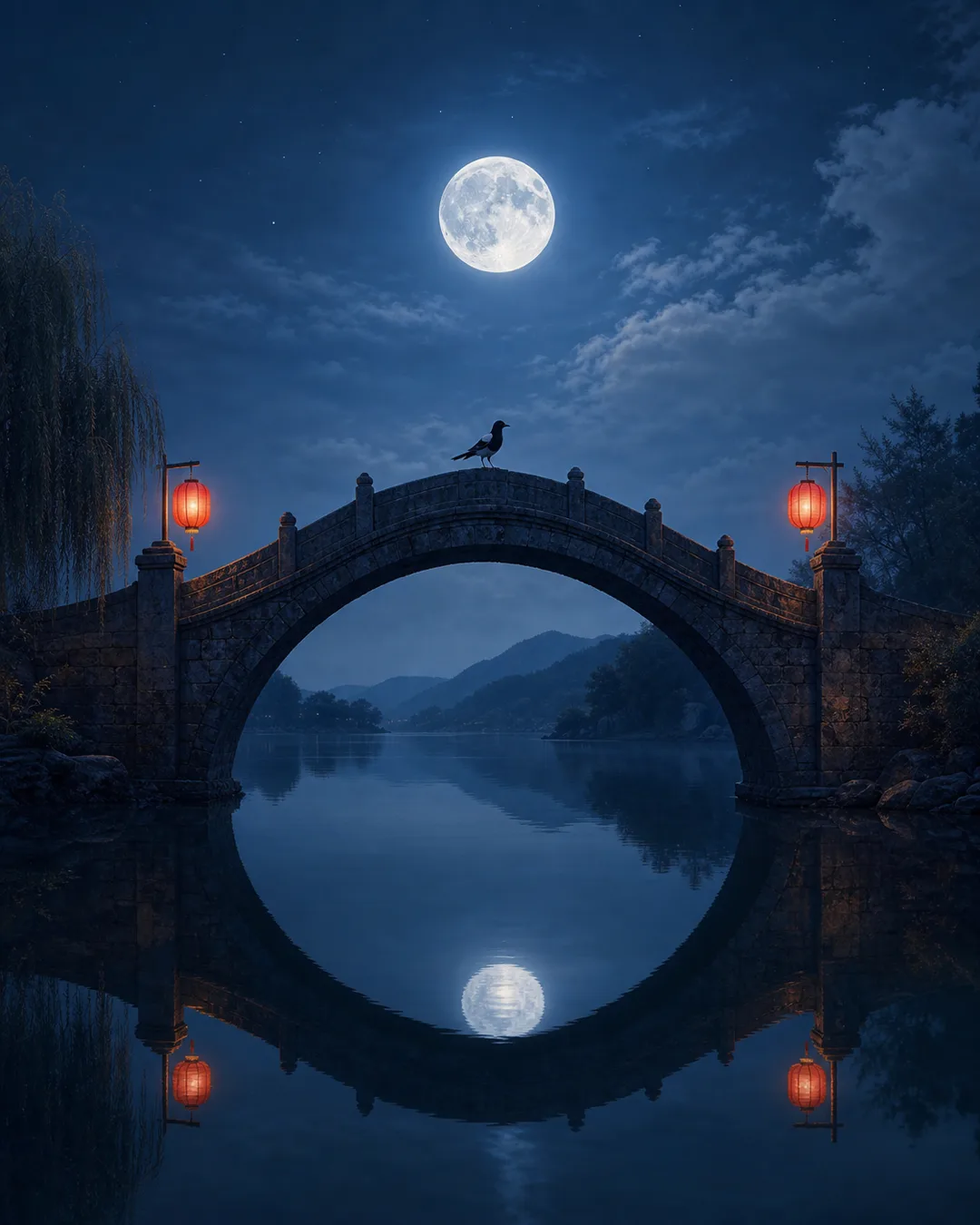 A moonlit stone bridge mirrored in still water, lit by two small lanterns — a quiet image of a relationship still waiting for an answer.